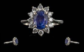 Ladies - Fine Quality 18ct White Gold Tanzanite and Diamond Set Cluster Ring. Tests 18ct. The
