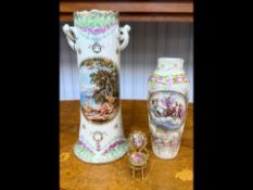 Two Vienna Style Vases, 'Odysseus & Kalypso', 10'' tall, and other with chariot and angel