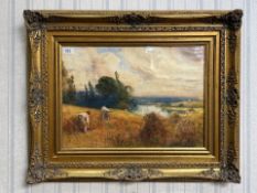 J M Edwards Landscape Watercolour, depicts hay gatherers, looks to be signed J M Edwards. Gilt swept