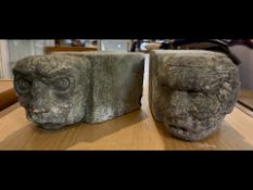 Pair of Antique Carved Stone Corbels, gargoyl heads, approx. 12'' x 6'' square.