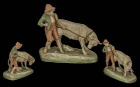 Royal Dux Bohemia Hand Pained Figure Group ' Boy with Calf ' Figure. c.1900. Pink Triangle to