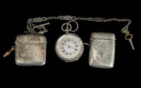 Collection of 925 Silver Items. Includes Ladies Silver Pocket Watch + 2 Silver Vesta Cases. Combined