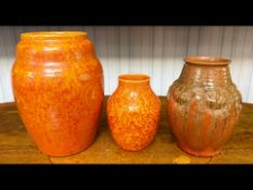 Two Royal Lancastrian Pottery Vases, vermilion orange glaze, impressed numbers 14 and 2658,