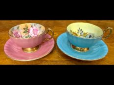 Pair of Aynsley Bone China Tea Cups & Saucers, Cabbage Rose Pattern, on pink with rose decorated