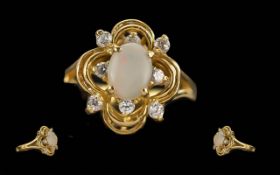 Ladies Excellent 18ct Gold Opal & Diamond Set Dress Ring - Marked 750 To Interior Of Shank.