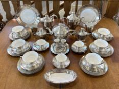 Art Deco Part Tea/Coffee Service, silver overlay on porcelain, cups, saucers, sugar bowl, tea pot,