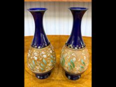 Pair of Antique Victorian Royal Doulton Vases, with blue, white and green enamelling. Features