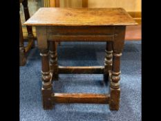 Antique Oak Jointed Stool, turned supports, pegged construction. Height 17.5'' x 18'' x 11''.