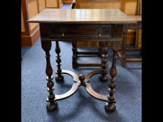 Antique Oak Side Table, single drawer, turned supports with X stretcher. Height 27'' x width 25''
