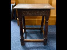 Antique Oak Jointed Stool, carved frieze, turned supports, pegged construction. 21'' height x 18''