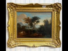 Oil on Board, country scene with figures on horseback. Housed in a gilt swept frame. Image