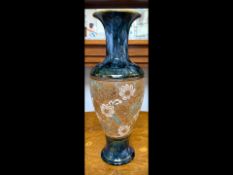 Large Doulton Slaters Lambeth Vase, patent vase with blue marbleized neck and foot with textured