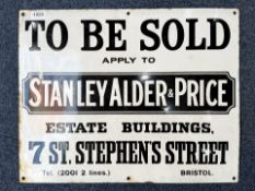 Enamelled Iron Sign, early to mid-20th century, reads 'To Be Sold, apply to Stanley Alder & Price,