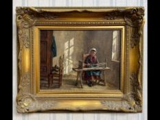 Oil on Canvas, depicts a girl with loom, interior scene, housed in gilt swept frame. Indistinct