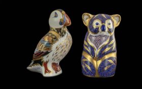 Royal Crown Derby Pair of Hand Painted Figural Porcelain Paperweights. Comprises 1/ Puffin, Issued