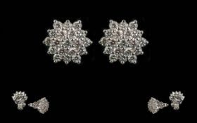 Ladies 18ct White Gold Diamond Set Earrings, Cluster Design. Well Matched Diamonds of Good