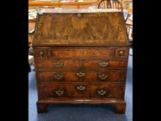 Burr Walnut Veneered Georgian Bureau, typical form. Full front, green leather insert, pigeon