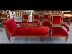 Oak Framed Suite, comprising armchair and three stand chairs with carved backs, and a chaise