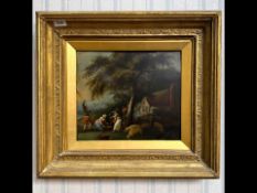 Oil on Panel, with damage, depicts figures and sheep on a farm. Unsigned, image measures 12'' x 13.