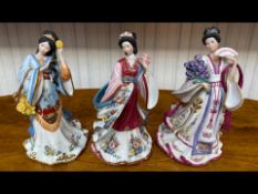Three Danbury Mint Figurines, Iris Princess, Chrysanthemum Princess, and Plum Blossom Princess.