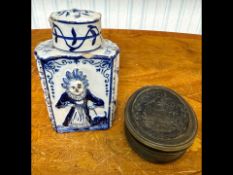 Antique Delftware Tea Caddy, hand painted reliefs, 5'' high, as found. Together with antique oval