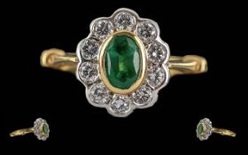Ladies Pleasing Quality 18ct Gold Emerald and Diamond Set Cluster Ring. Full Hallmark to Interior of