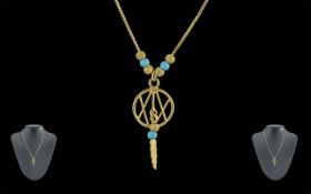 Edwardian Period 1907 - 1910 Ladies 9ct Gold Exquisite Turquoise Set Necklace with Drop. Full