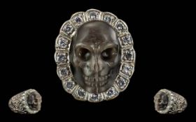 18ct Gold Skull Ring Memento Mori Style Ring Set With A Carved Black Stone In The Form Of A Skull,