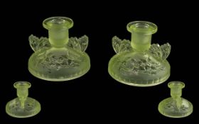 Pair of Sowerby Art Deco Uranium Glass 'Butterfly' Candlesticks, made from pressed glass