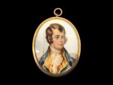 A Fine 19th Century Superior Hand Painted Miniature of a Young Victorian Man In Oval Shaped Gold