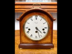 German Franz Hermle Mahogany Mantle Clock, white face, Roman numerals, brass carry handle and