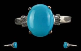 Ladies - Excellent 9ct White Gold Sleeping Beauty Turquoise Single Stone Set Ring with Diamond Set