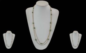 Art Deco 15ct Gold And Bead Necklace, Long Trace Link Chain Set With Jade & Glass Coloured Bead