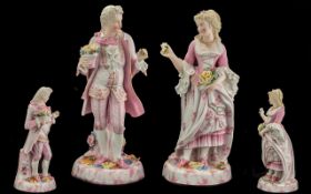 Pair of Bisque Continental Figures of A Dandy and His Lady. White with mainly a pink glaze. One with
