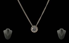 9ct White Gold Diamond Pendant, Round Modern Brilliant Cut Diamond Collet Set On A Fine Link
