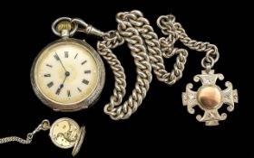 Swiss Made Silver Open Faced Pocket Watch - Attached to a Sterling Silver Albert Watch Chain. All