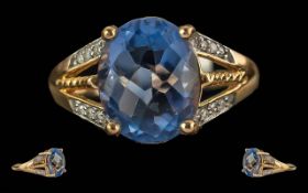 Ladies 9ct Gold Fluorite and Diamond Set Dress Ring. Marked 9.375 to Shank. Fluorite of Good Colour,