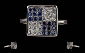 Ladies 18ct White Gold Square Shaped Sapphire & Diamond Set Ring - Marked 750 (18ct) To Shank.
