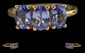 Ladies 9ct Gold 3 Stone Tanzanite Set Ring - Marked 9ct To Shank. Well Matched Tanzanites Of