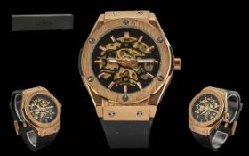 Lord Timepieces Gentleman's Wristwatch, brand new in box, skeleton dial, rose gold baton markers,