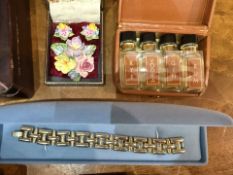 Box of Collectables. Includes Costume Jewellery, Miniature Travelling Spirits Set, Old Jewellery Box