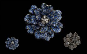 Ladies Impressive and Heavy 18ct White Gold Bespoke Blue Sapphire and Diamond Set Brooch. Marked 750