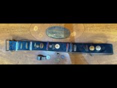 Railway Interest - Leather strap containing enamel badges and buttons with engines, Flying Scotsman,