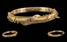 Victorian Period 1837 - 1901 Ladies 9ct Gold Ornate Garnet - Diamond Hinged Bangle. Marked 9.375.