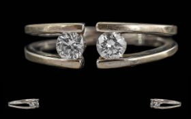 Ladies Excellent Modern 18ct White Gold Two Stone Diamond Set Ring. Marked 750 to Interior of Shank.