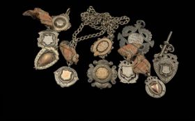 A Good Collection of Ten ( 10 ) Sterling Silver Medals / Fobs and One Silver Chain. c.Early 20th