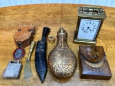 Box of Collectibles, comprising a vintage Dunhill lighter, No. 390107, antique gunpowder flask,