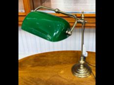 Traditional Banker's Style Desk Lamp, brass base, emerald green glass shade, adjustable height.