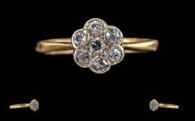 Antique Period Ladies 18ct Gold Petite Diamond Set Cluster Ring, Marked 18ct to Shank. Well