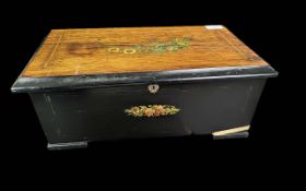 Crank Driven Music Box, playing eight airs, missing music sheet, hinges lacking, in working order.